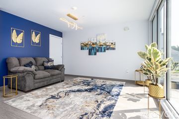Johnson City apartment for rent - A living room with a grey sofa and a blue wall.