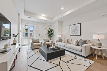 Kitchener apartment for rent - A modern living room with a black coffee table and a large rug.