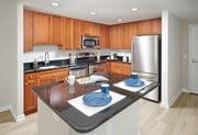 Alexandria apartment for rent - A kitchen with wooden cabinets and a black countertop.