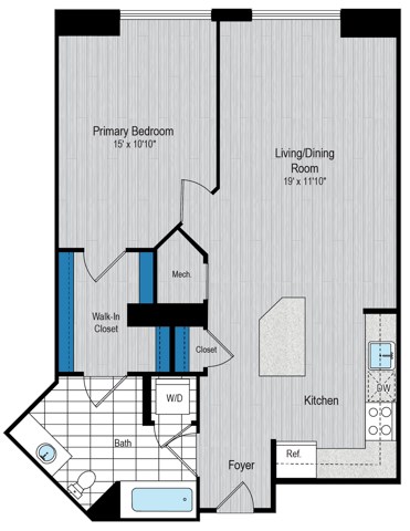 Floor plan for 1 bed, 1 bath, 777 sqft