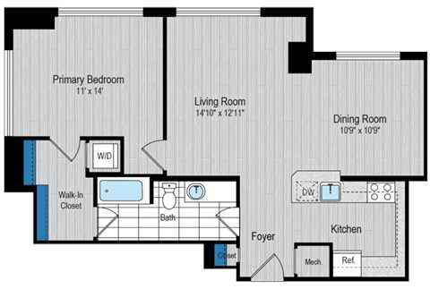 Floor plan for 1 bed, 1 bath, 826 sqft
