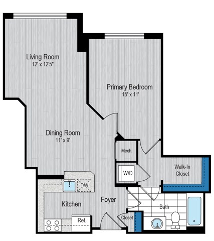 Floor plan for 1 bed, 1 bath, 736 sqft