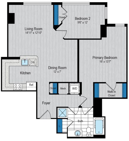 Floor plan for 2 beds, 1 bath, 1057 sqft