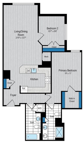 Floor plan for 2 beds, 2 baths, 1087 sqft