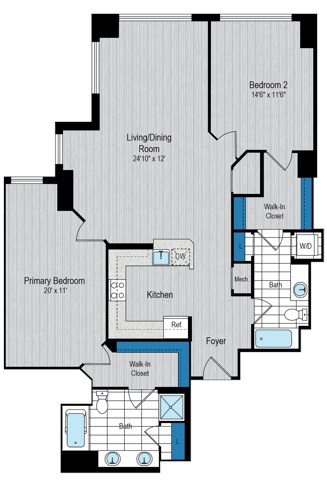 Floor plan for 2 beds, 2 baths, 1296 sqft