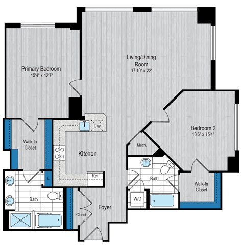 Floor plan for 2 beds, 2 baths, 1297 sqft