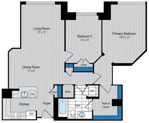 Floor plan for 2 beds, 1 bath, 1028 sqft