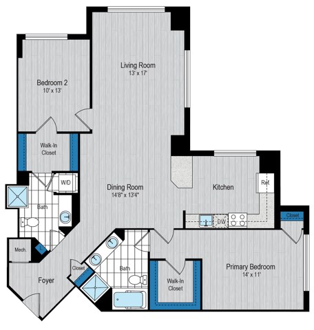 Floor plan for 2 beds, 2 baths, 1264 sqft
