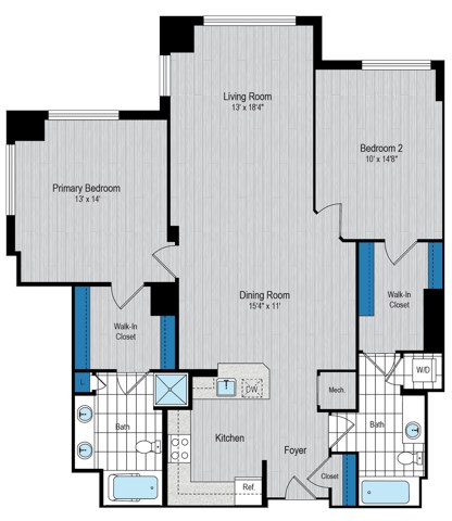 Floor plan for 2 beds, 2 baths, 1254 sqft