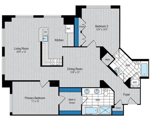 Floor plan for 2 beds, 2 baths, 1343 sqft