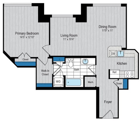 Floor plan for 1 bed, 1 bath, 791 sqft