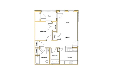 Floor plan for 1 bed, 1 bath, 700 sqft