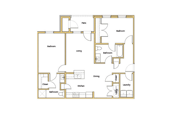 Floor plan for 2 beds, 2 baths, 1024 sqft