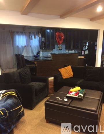 San Diego house for rent - A living room with black furniture and a heart-shaped decoration hanging from the ceiling.
