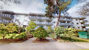 Victoria apartment for rent - A large white apartment building with a green dumpster in front.