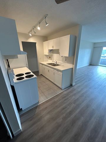 Victoria apartment for rent - A kitchen with white cabinets and a stove top oven.