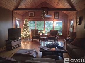Hillsboro house for rent - A living room with a Christmas tree and a television.