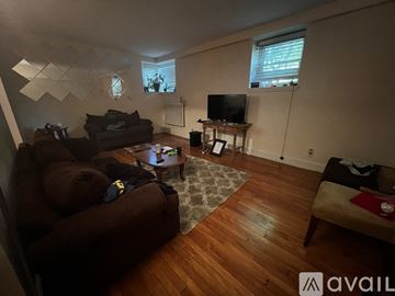 Brookline apartment for rent - A living room with a brown couch and a television.