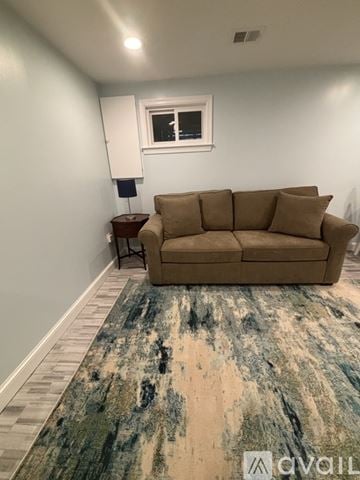 Washington house for rent - A living room with a brown couch and a blue rug.
