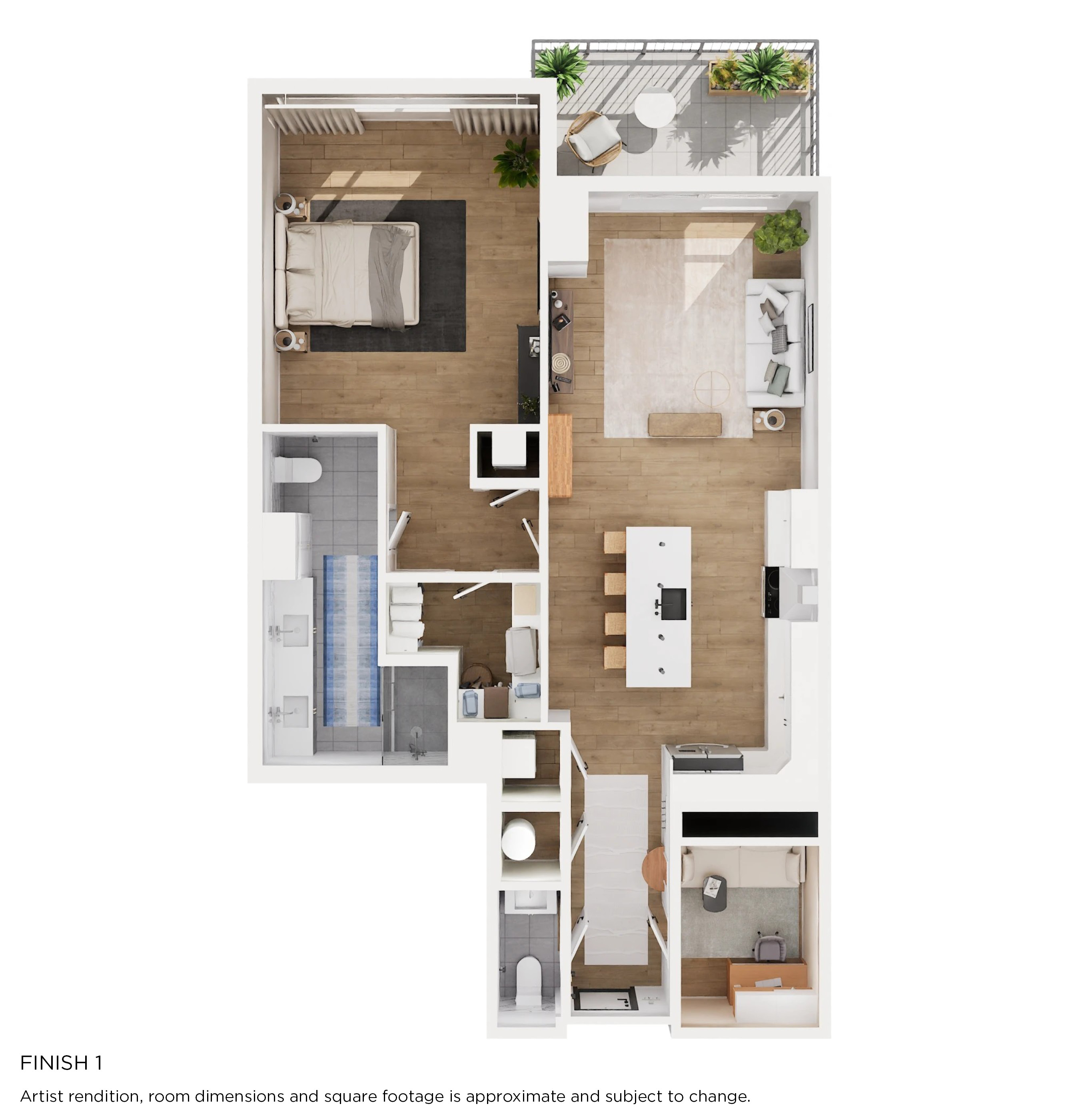 Floor plan for 1 bed, 1.5 baths, 1052 sqft