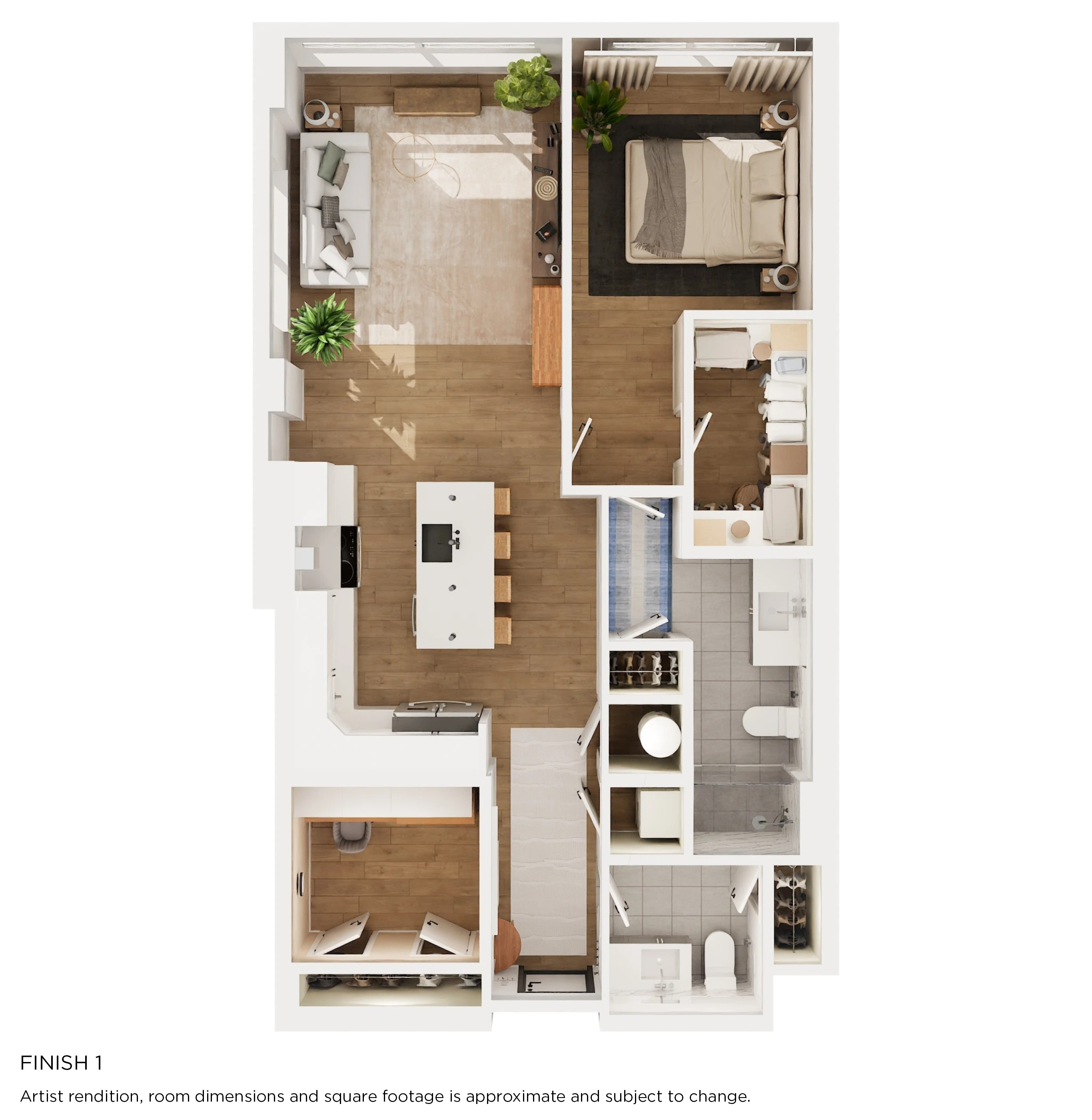 Floor plan for 1 bed, 1.5 baths, 1185 sqft