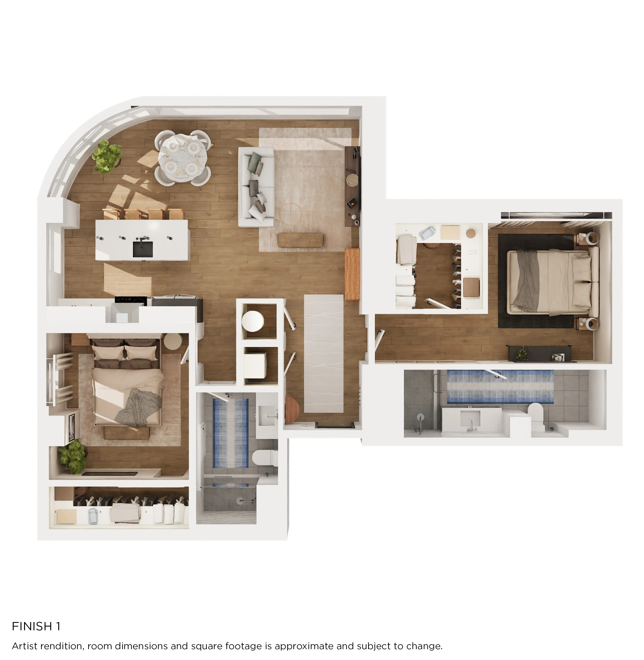 Floor plan for 2 beds, 2 baths, 1264 sqft