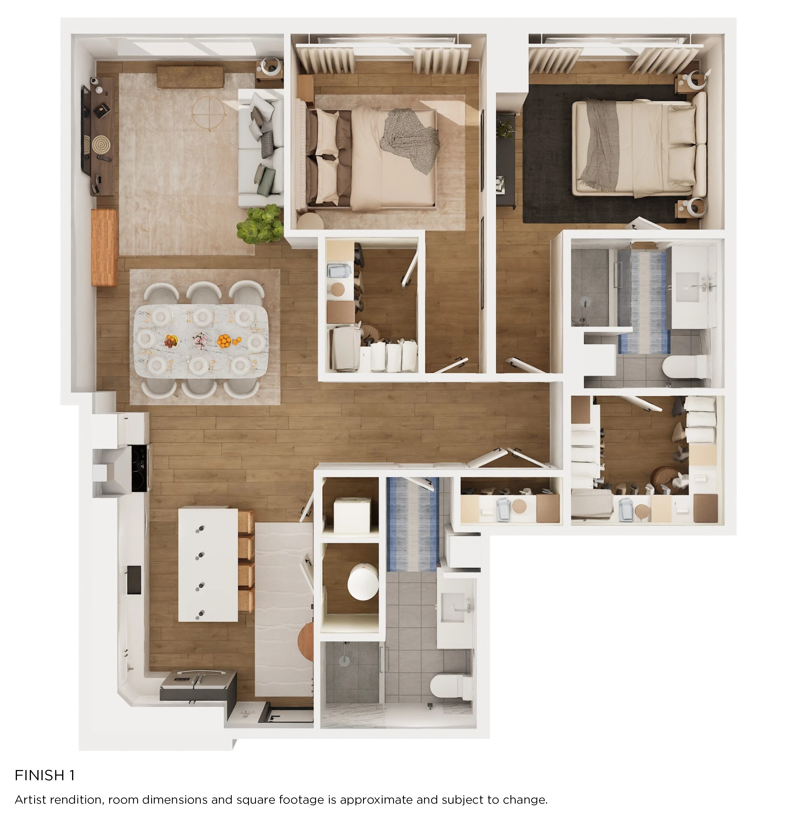 Floor plan for 2 beds, 2 baths, 1369 sqft