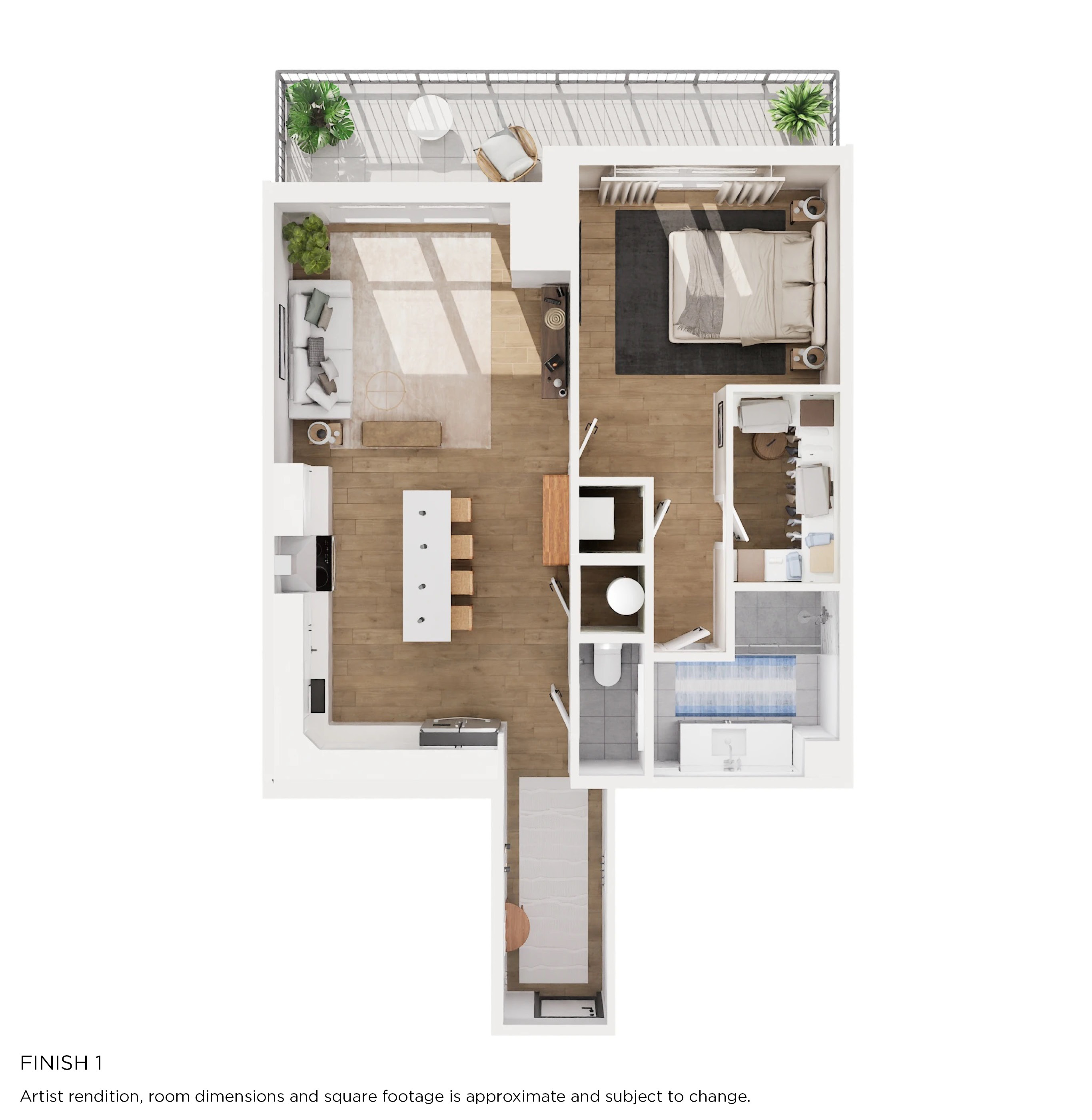 Floor plan for 1 bed, 1.5 baths, 916 sqft