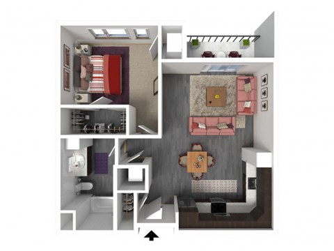 Floor plan for 1 bed, 1 bath, 760 sqft