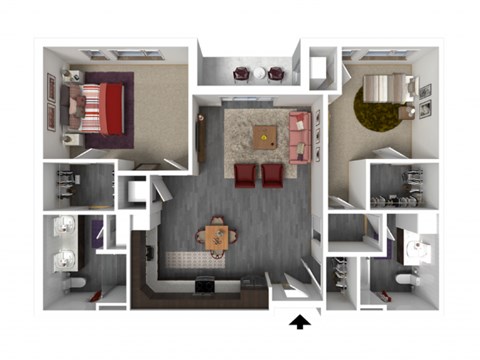 Floor plan for 2 beds, 2 baths, 1136 sqft