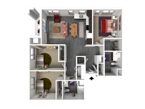 Floor plan for 3 beds, 2 baths, 1288 sqft