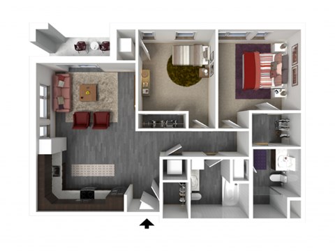 Floor plan for 2 beds, 2 baths, 1049 sqft