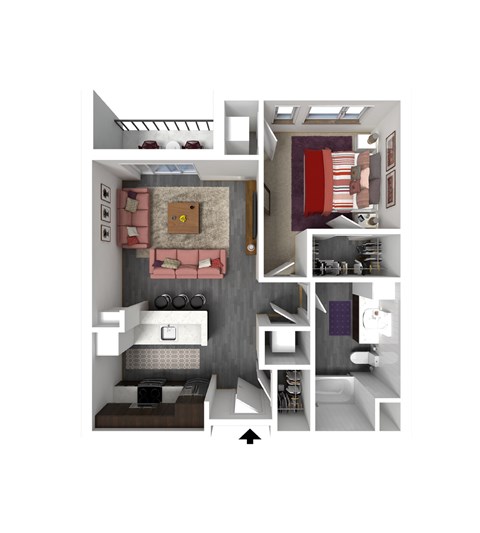 Floor plan for 1 bed, 1 bath, 703 sqft
