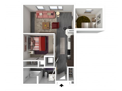 Floor plan for studio, 1 bath, 651 sqft