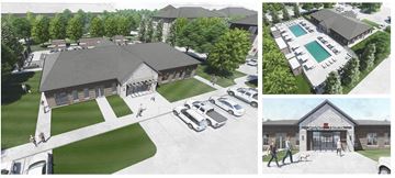 Waukee apartment for rent - A collage of four images showing a building with a pool, a parking lot, and people walking.