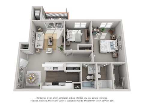 Floor plan for 2 beds, 2 baths, 1050 sqft
