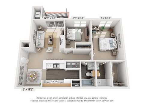 Floor plan for 2 beds, 2 baths, 1050 sqft
