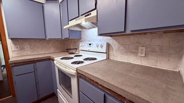Sitka house for rent - A kitchen with a white stove top oven and blue cabinets.