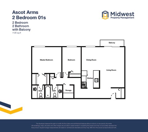 Floor plan for 2 beds, 1.5 baths, 1125 sqft