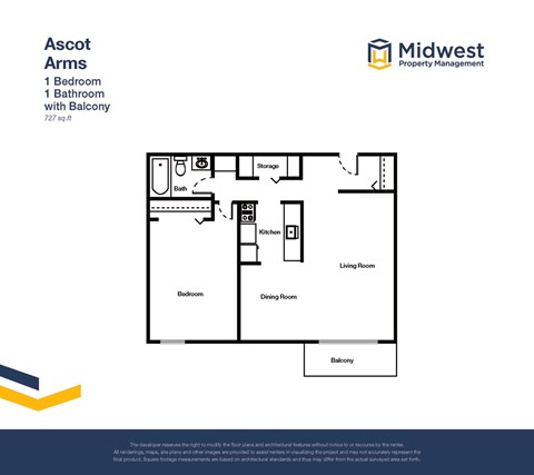 Floor plan for 1 bed, 1 bath, 727 sqft