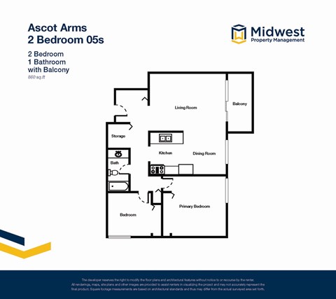 Floor plan for 2 beds, 1 bath, 860 sqft