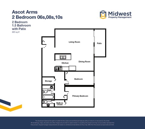 Floor plan for 2 beds, 1 bath, 965 sqft