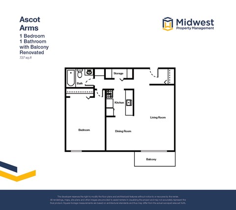 Floor plan for 1 bed, 1 bath, 727 sqft