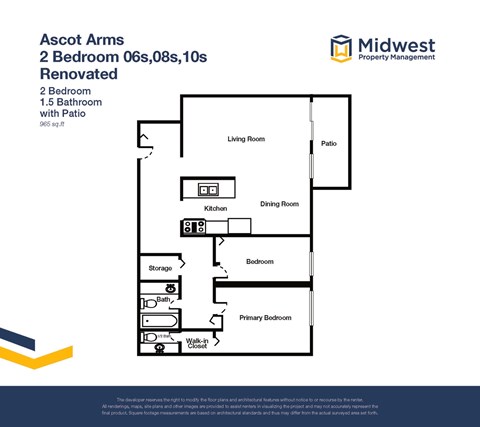 Floor plan for 2 beds, 1.5 baths, 965 sqft