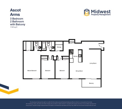 Floor plan for 3 beds, 1.5 baths, 1148 sqft