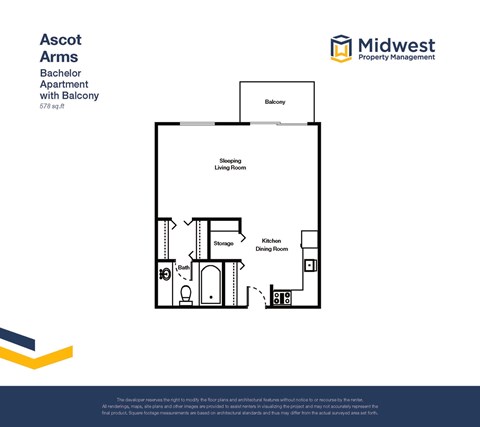 Floor plan for studio, 1 bath, 578 sqft