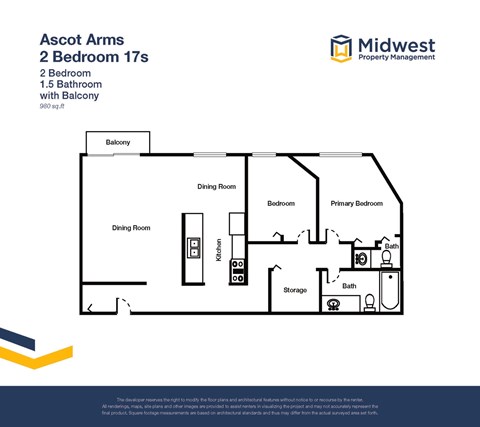 Floor plan for 2 beds, 1.5 baths, 980 sqft