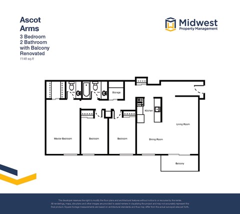 Floor plan for 3 beds, 1.5 baths, 1148 sqft