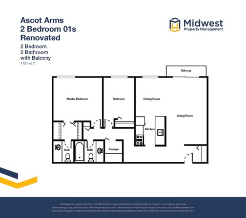 Floor plan for 2 beds, 1.5 baths, 1125 sqft