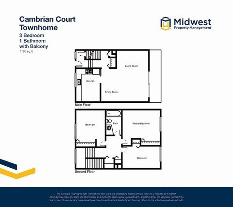 Floor plan for 3 beds, 1 bath, 1120 sqft